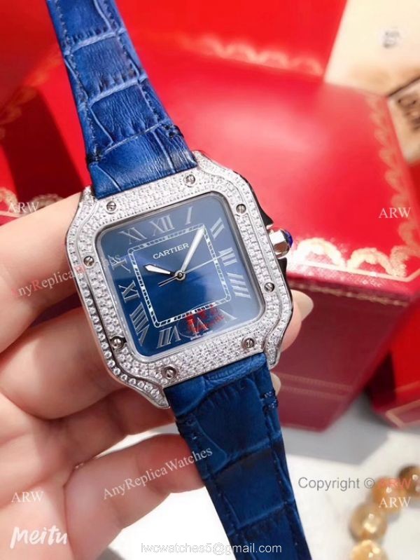 Cartier Santos 100 Diamond Replica Watch SS Diamond Case Blue Leather Strap 5