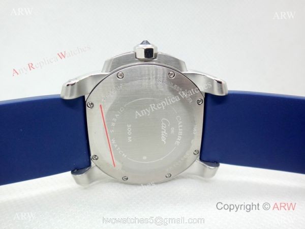 Copy Cartier Calibre De Diver SS Blue Rubber Strap Watch Low Price 5