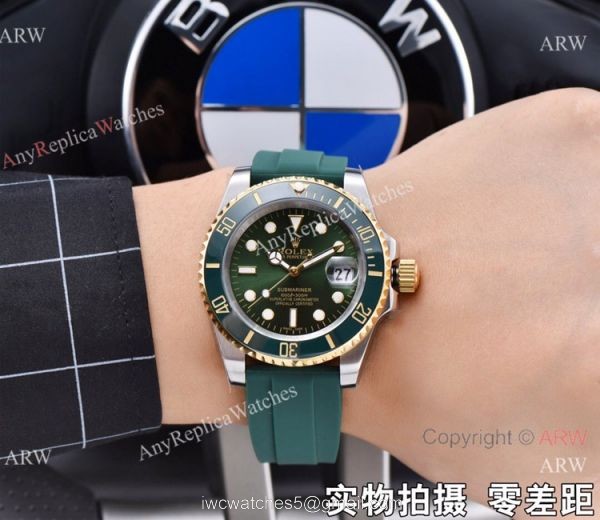 Copy Rolex Submariner Date 2 Tone Green Rubber Strap Watch 41mm 5