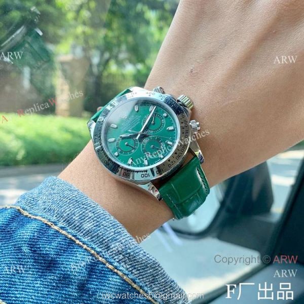 Rolex Daytona 42mm Watch SS Green Dial Green Leather Strap 5