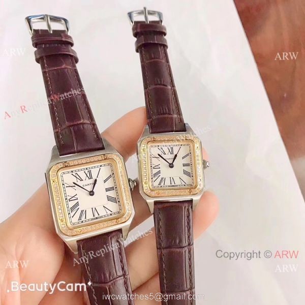 2019 New Cartier Santos Diamond Replica Watch Black Leather Strap Gold Bezel 5