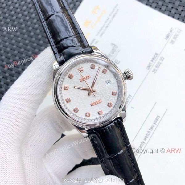 Rolex Datejust White MOP Black Leather Strap Watch Replica 5
