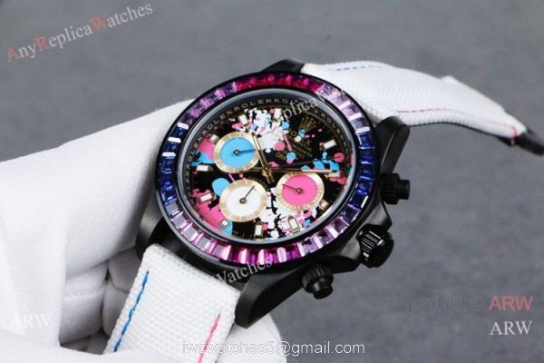 Rolex Daytona Rainbow Replica Watch Graffiti Dial White Leather Strap 5