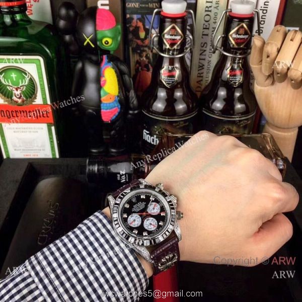 Rolex Daytona Rainbow Replica Automatic Watch Black Dial Purple Leather Strap 5
