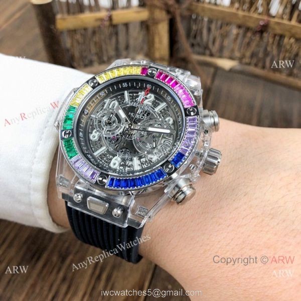 Hublot Big Bang Unico Replica Watches Rainbow Bezel Skeleton Dial Hublot Clear Watch 5