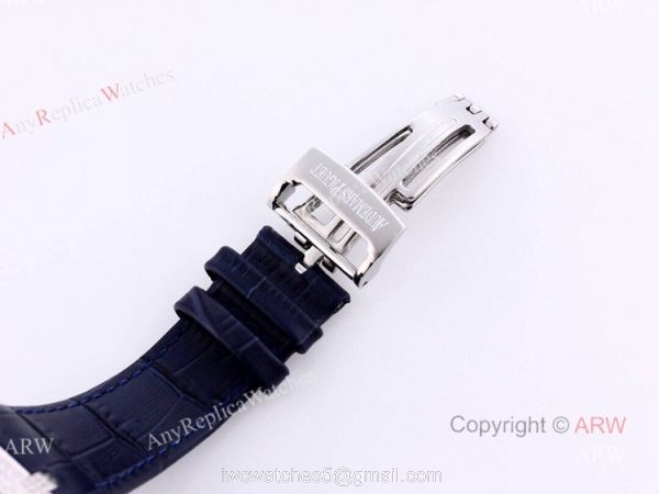 Swiss Replica Iced Out Audemars Piguet Royal Oak Blue Dial Watch Blue Leather Strap 5