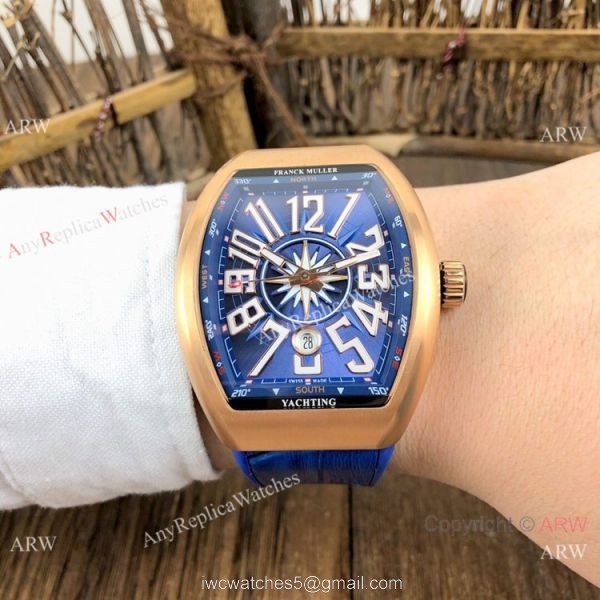 Replica Franck Muller Vanguard V45 Automatic Watch Rose Gold Blue Gummy Strap 5