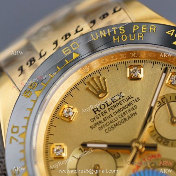 Swiss Quality Replica Rolex Daytona Watch 40mm Gold Diamond Dial Black Ceramic Bezel 5