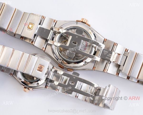 Swiss Quality Clone Omega Double Eagle Couple Watches Silver Dial Diamond Bezel 38mm and 27mm 5