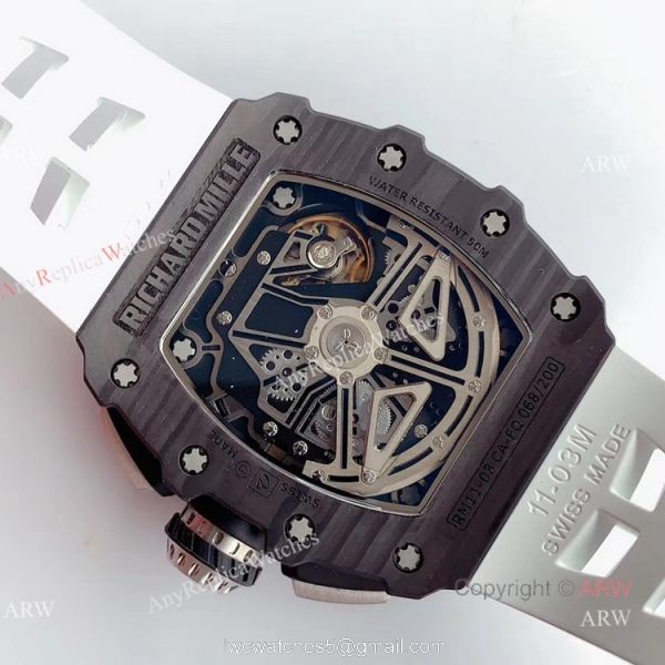 KV Factory V2 Upgraded Carbon Richard Mille Skeleton RM011 White Rubber Band Replica Watches 5
