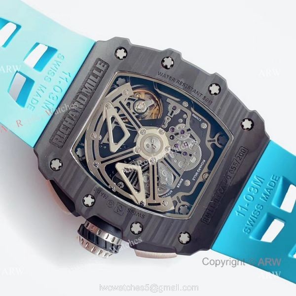 KV Factory V2 Upgraded Knockoff Richard Mille RM011 Carbon Watch With Blue Rubber Bracelet 5