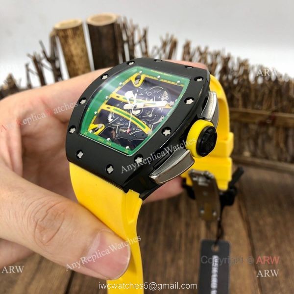 Knockoff Richard Mille Green Skeleton Watch Richard Mille RM 61-01 with Yellow Rubber Strap 5