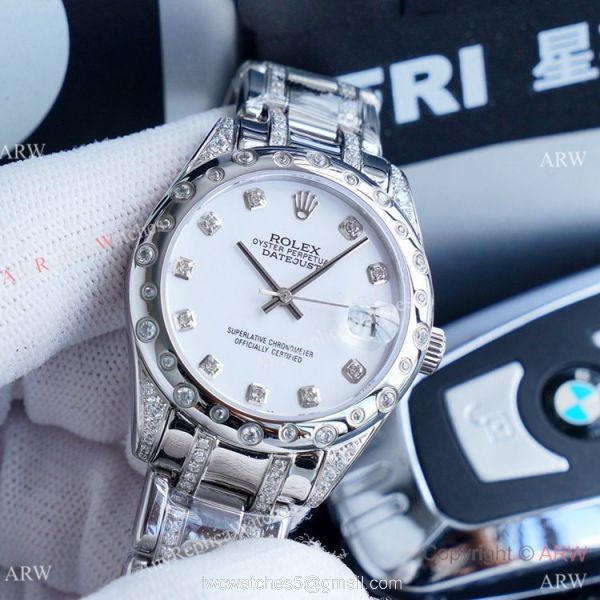 Rolex Lady Masterpiece Stainless Steel Blue Diamond Dial Watches 34mm Clone Rolex Datejust Watch 5