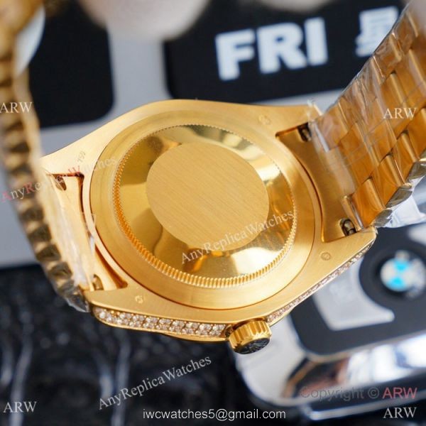 Replica Rolex Day Date II Watches Gold Iced Out Diamond Silver Dial 5