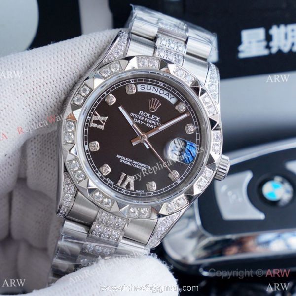 High Quality Replica Rolex Day Date II Iced Out Silver Dial Watches 41mm 5