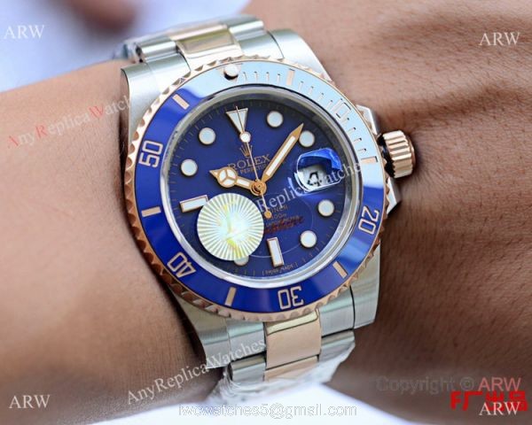 Copy Rolex Submariner Date Watch 40mm Two Tone Rose Gold Blue Ceramic Bezel 5