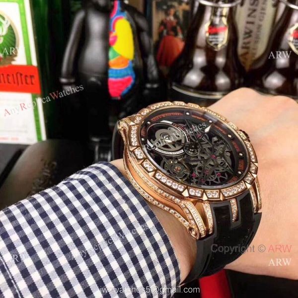New Copy Roger Dubuis Excalibur Automatic Skeleton Watch Rose Gold Diamond 5