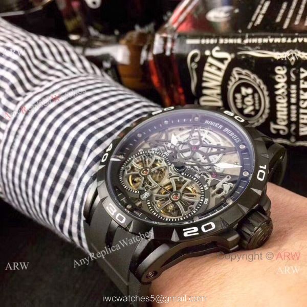 Copy Roger Dubuis Excalibur Skeleton Double Flying Tourbillon Watch SS Case 5