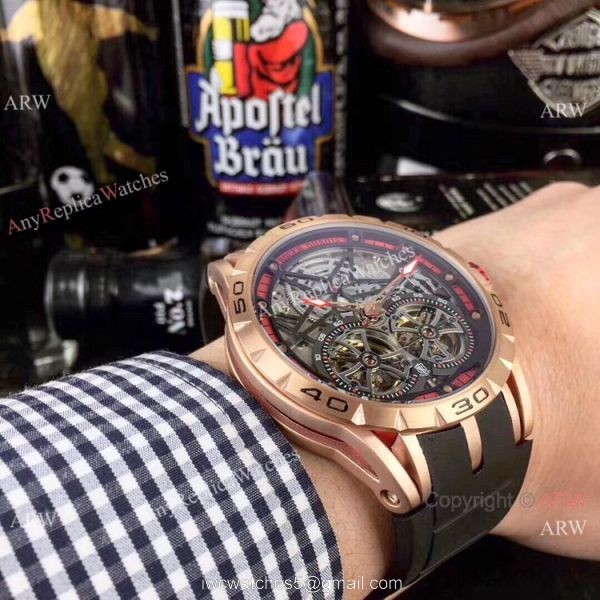 Replica Roger Dubuis Excalibur Double Flying Tourbillon Watches Black Skeleton Dial Rose Gold 5