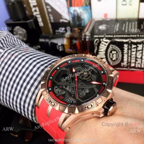 New Style Roger Dubuis Excalibur Lamborghini Huracan Watches Rose Gold Red Rubber Strap 5
