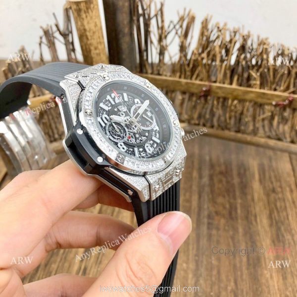 Best Quality Hublot Big Bang Unico Sapphire Iced Out Watches Blue Rubber Strap 5