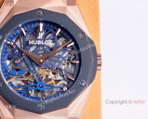 Copy Hublot Classic Fusion Skeleton Watches Rose Gold Rubber Strap 5