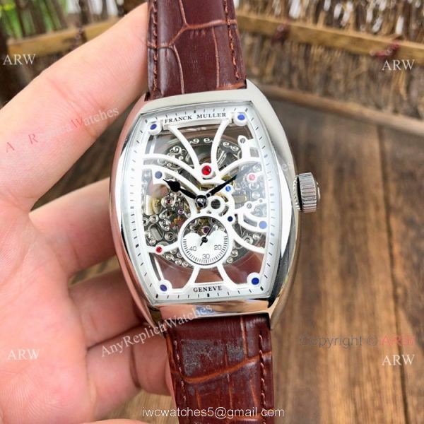 Knockoff Franck Muller Cintree Curvex Skeleton Watches SS Diamond Brown Leather Strap 5