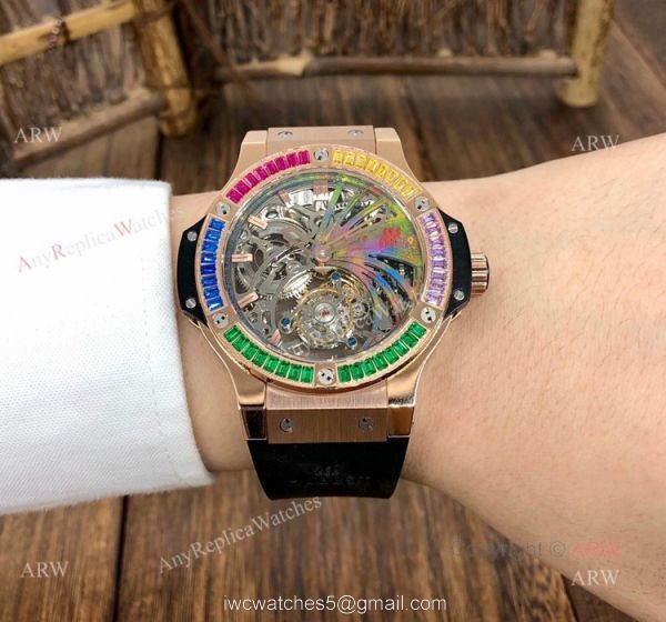 Super Clone Hublot Tourbillon Skeleton Big Bang Rose Gold Rainbow Watch 5