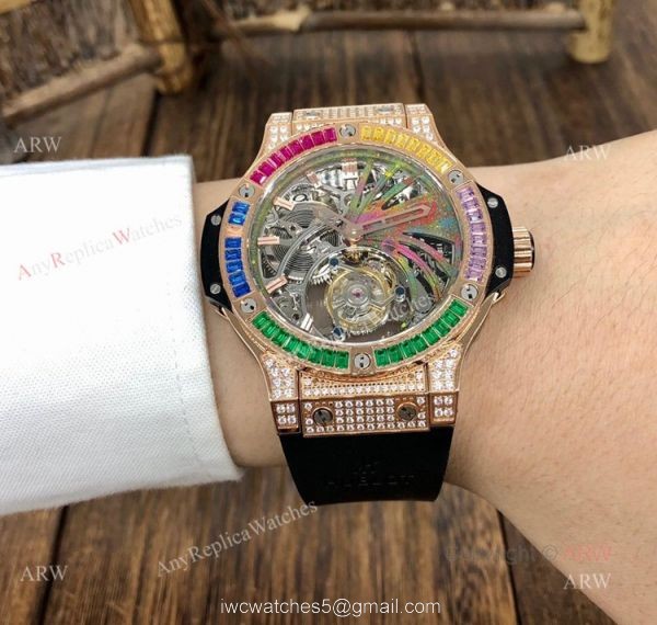 1:1 Quality Replica Hublot Tourbillon Skeleton Rose Gold Rainbow Watch 5