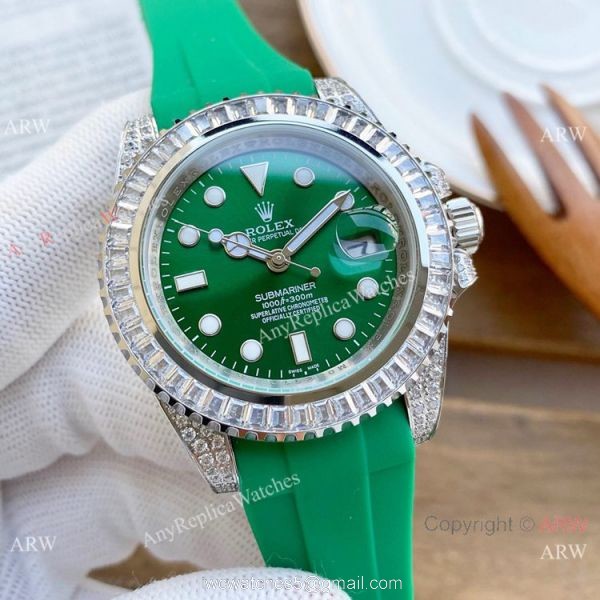 AAA Replica Rolex Submariner Diamond Watches SS Black Rubber Strap 5