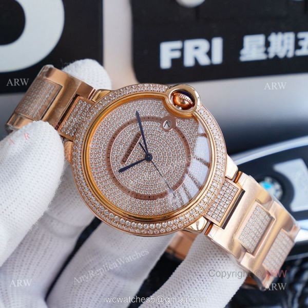 1:1 Copy Rose Gold Cartier Ballon Bleu Replica Full Diamond Watch 42mm 5