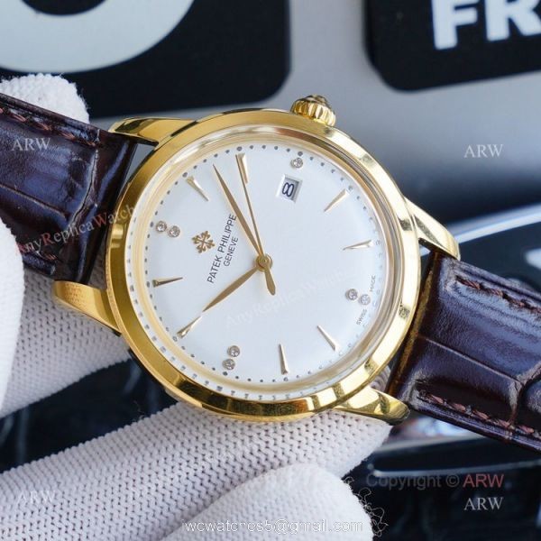 New Patek Philippe Calatrava Replica Watch Gold Dial With Brown Leather Band 5