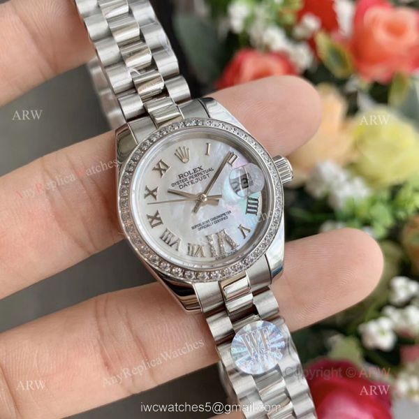 Swiss Quality Ladies Rolex Datejust 28mm White Mop Dial Diamond Bezel Replica Watch 5