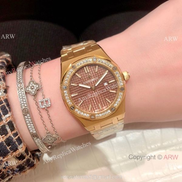 Clone Audemars Piguet Royal Oak Women Watch Diamond Bezel All Gold 5