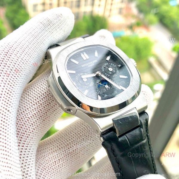 Copy Patek Philippe Nautilus White Face Annual Calendar Watch Brown Leather Strap 5