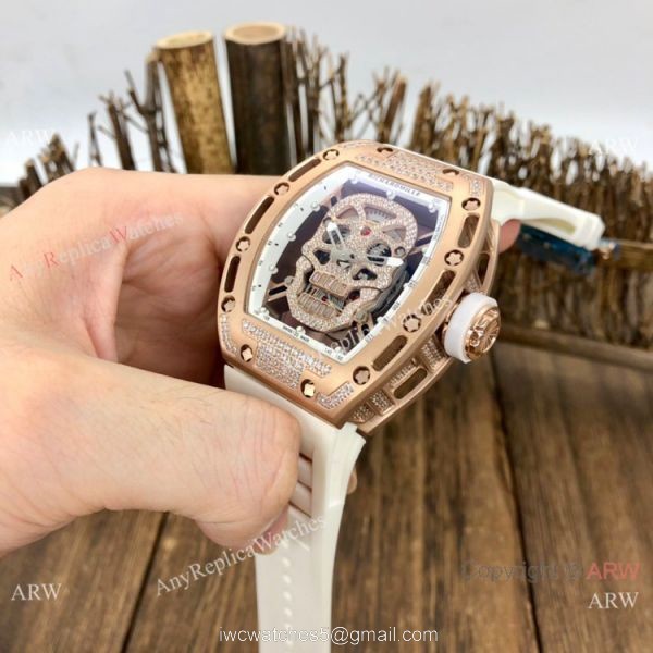 New Replica Richard Mille Skull RM52-01 Rose Gold White Rubber Strap Watch 5