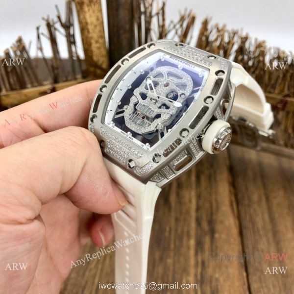 Luxury Replica Richard Mille Diamond Skull RM52-01 Watches Black Rubber Strap 5