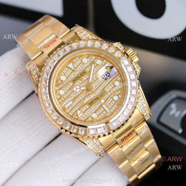 JH Factory Swiss Replica Rolex GMT-Master II Watch Diamond Dial Yellow Gold 5