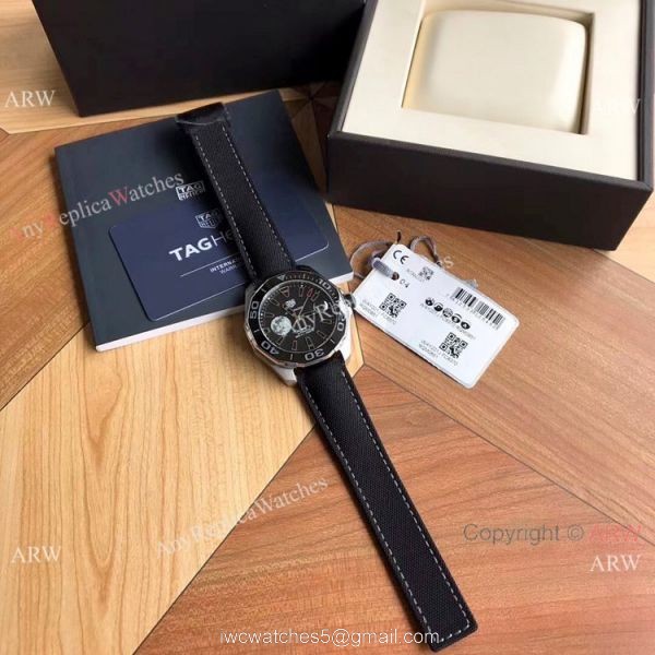 Super Clone TagHeuer Aquaracer Calibre 5 Watch Black Leather Strap 5