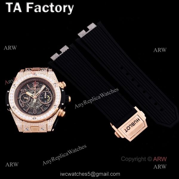 Swiss Quality Hublot Big Bang Rose Gold Black Rubber Strap Full Diamonds Watches Replica 5