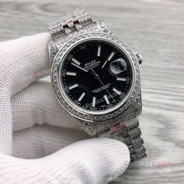 Iced Out Rolex Datejust ii 41 Silver Dial And Stick Markers Swiss 3255 Replica Watches 5