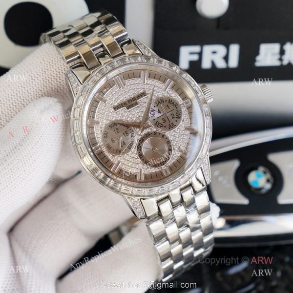 Swiss 9100 Patek Philippe Baguette Diamond Rose Gold Watch Replica 41mm 5