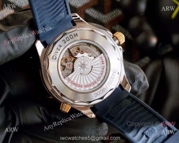 Best Quality Copy Omega Seamaster Diver 300M Watches Rose Gold and Blue 5