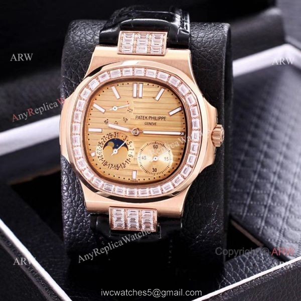 AAA Copy Patek Philippe Nautilus Power Reserve Watch Rose Gold Diamond Bezel 5