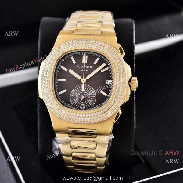 Clone Patek Philippe Nautilus Yellow Gold Diamond Bezel Chronograph Watches 5