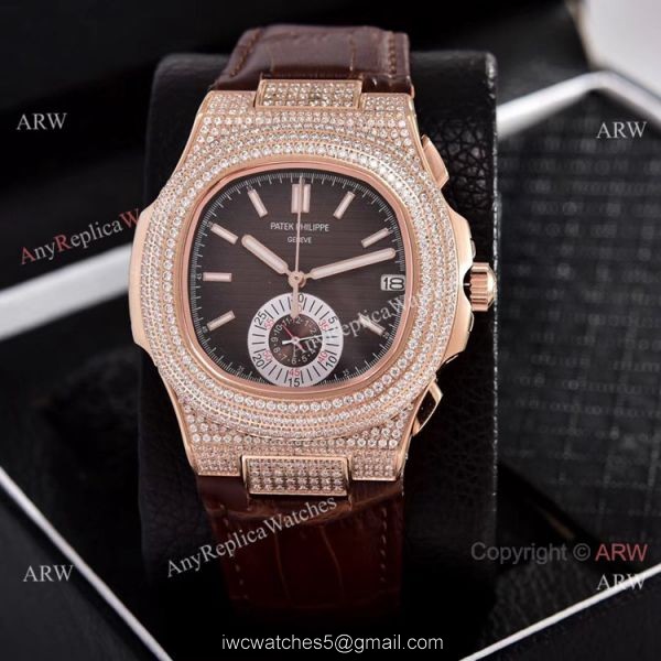 Japan Grade Patek Philippe Nautilus Chronograph Watches Rose Gold Diamond Case 5