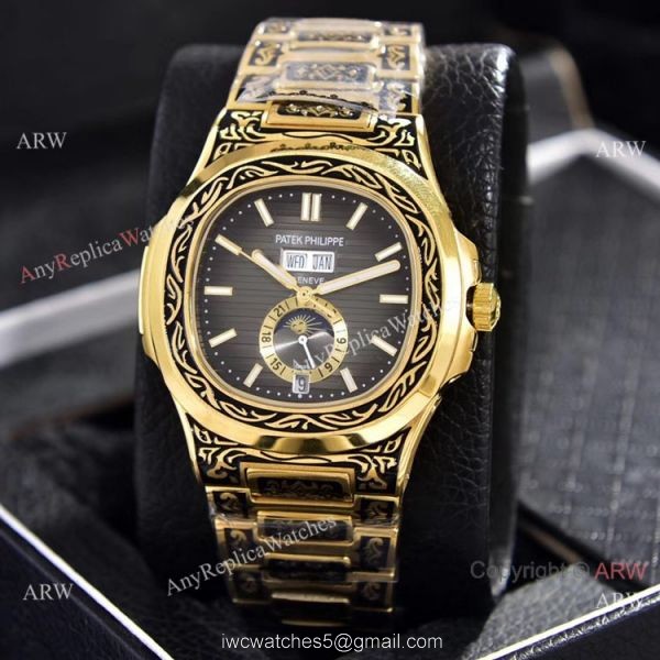 Clone Patek Philippe Annual Calendar Watches Yellow Gold Engraving Blue Dial 5