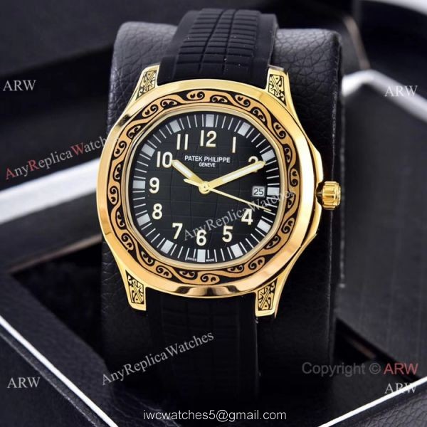 Clone Patek Philippe Aquanaut Engraving Watches Gold and Brown Rubber Strap 5
