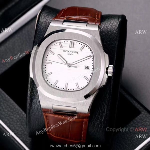 Buy Knockoff Patek Philippe Nautilus Watches SS Gray Dial Leather Strap 5
