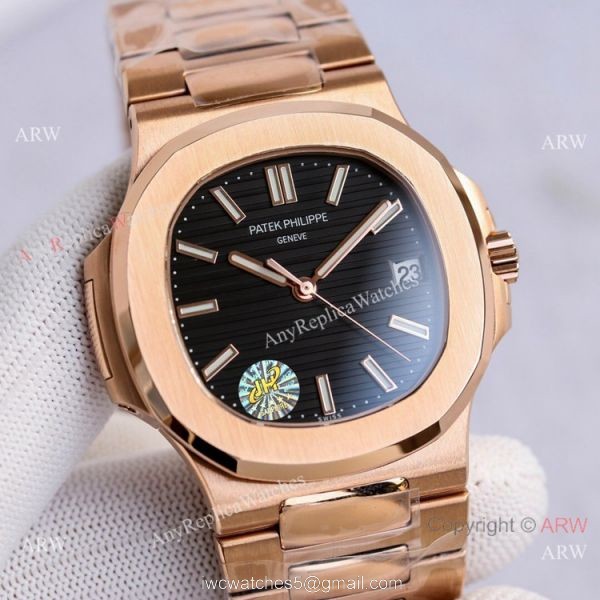 Swiss Copy Patek Philippe Rose Gold Black Dial Nautilus Watch PPF Cal.324 40mm 5